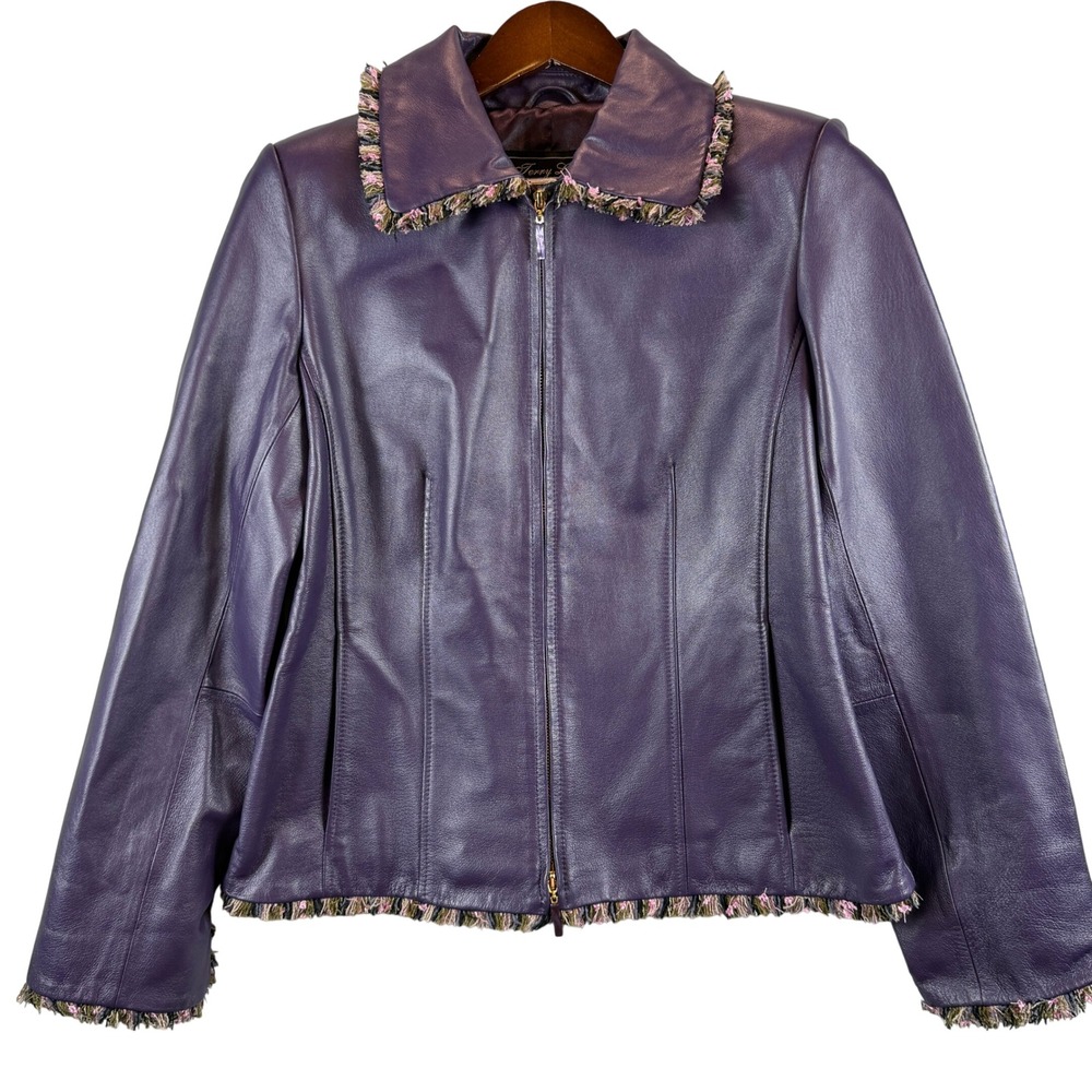 Purple Genuine Leather Jacket Women's S Fringe Trim Fitted Y2K Boho Western Luxe